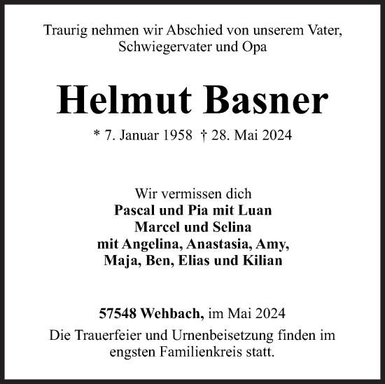 Traueranzeige von Helmut Basner von Siegener Zeitung
