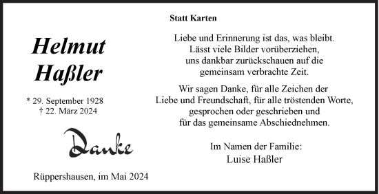 Traueranzeige von Helmut Haßler von Siegener Zeitung
