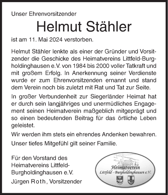 Traueranzeige von Helmut Stähler von Siegener Zeitung