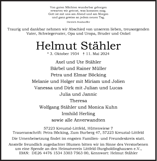 Traueranzeige von Helmut Stähler von Siegener Zeitung