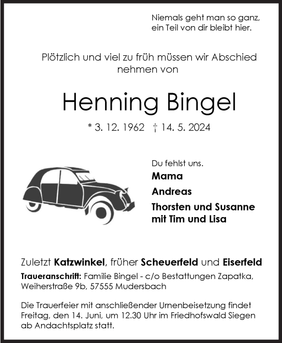 Traueranzeige von Henning Bingel von Siegener Zeitung