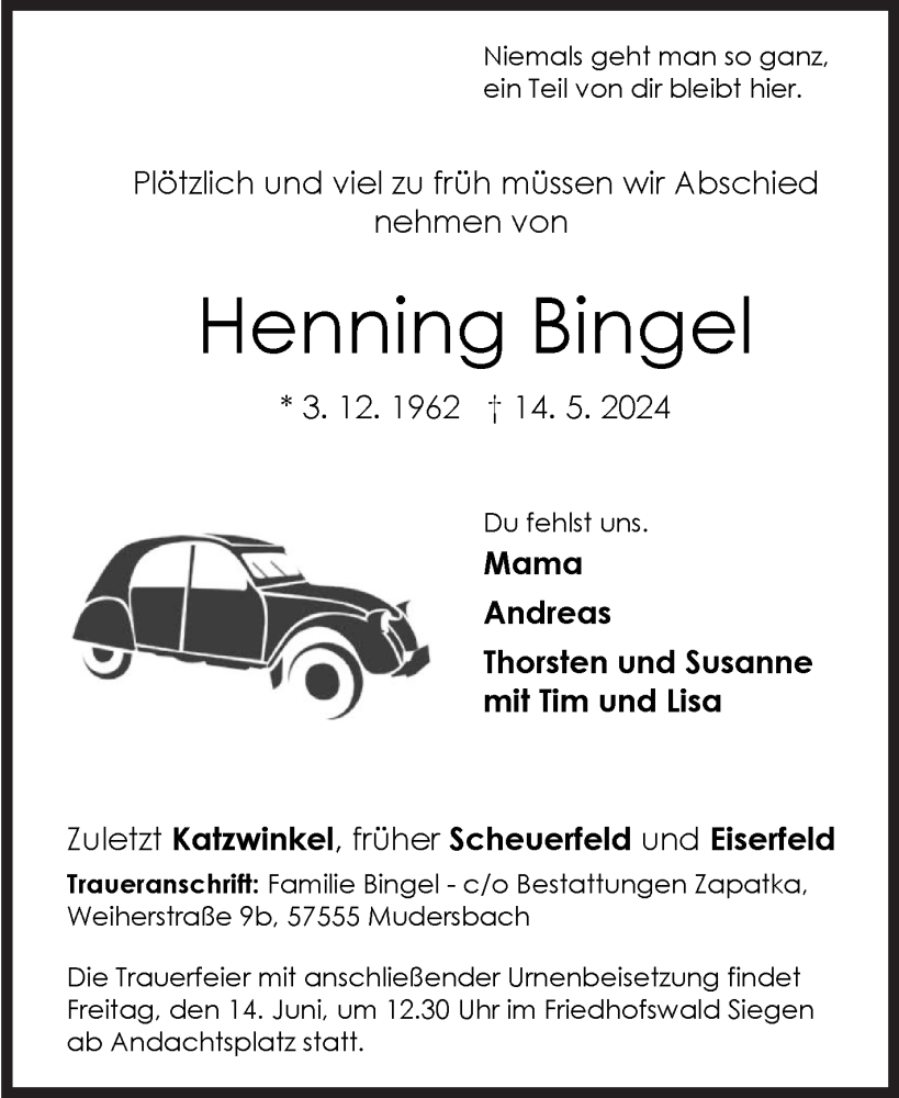  Traueranzeige für Henning Bingel vom 18.05.2024 aus Siegener Zeitung