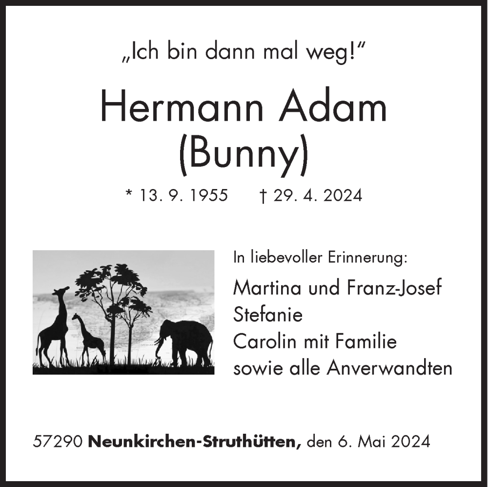  Traueranzeige für Hermann Adam vom 06.05.2024 aus Siegener Zeitung