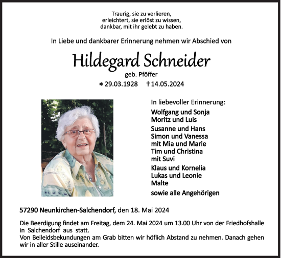Traueranzeige von Hildegard Schneider von Siegener Zeitung