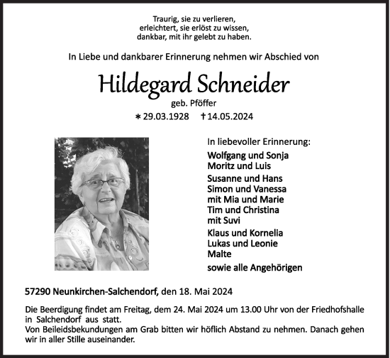 Traueranzeige von Hildegard Schneider von Siegener Zeitung