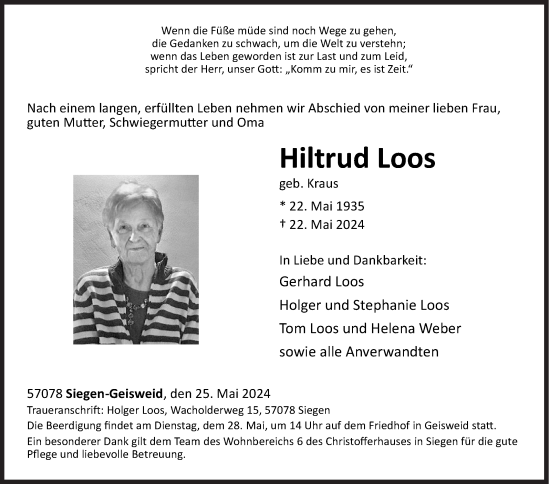 Traueranzeige von Hiltrud Loos von Siegener Zeitung