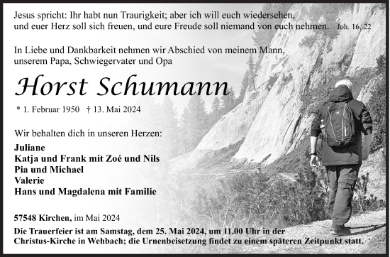 Traueranzeige von Horst Schumann von Siegener Zeitung