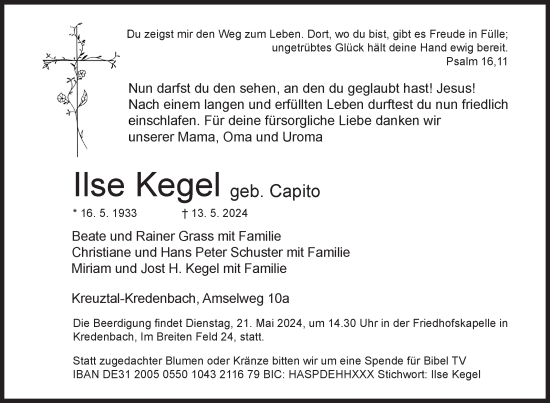 Traueranzeige von Ilse Kegel von Siegener Zeitung