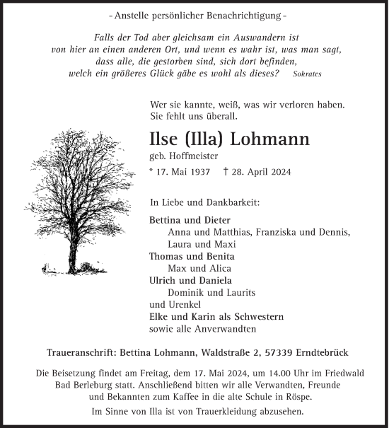 Traueranzeige von Ilse Lohmann von Siegener Zeitung