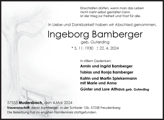 Traueranzeige von Ingeborg Bamberger von Siegener Zeitung