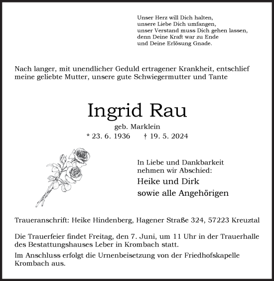 Traueranzeige von Ingrid Rau von Siegener Zeitung