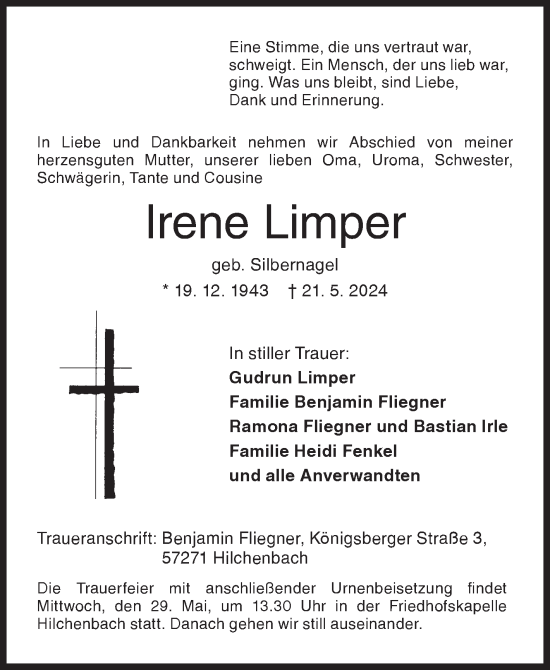Traueranzeige von Irene Limper von Siegener Zeitung