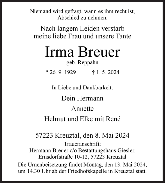Traueranzeige von Irma Breuer von Siegener Zeitung
