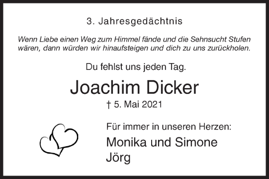 Traueranzeige von Joachim Dicker von Siegener Zeitung