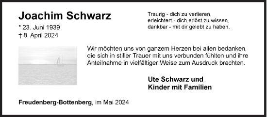 Traueranzeige von Joachim Schwarz von Siegener Zeitung