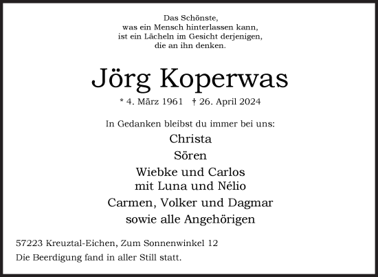 Traueranzeige von Jörg Koperwas von Siegener Zeitung