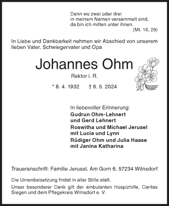 Traueranzeige von Johannes Ohm von Siegener Zeitung