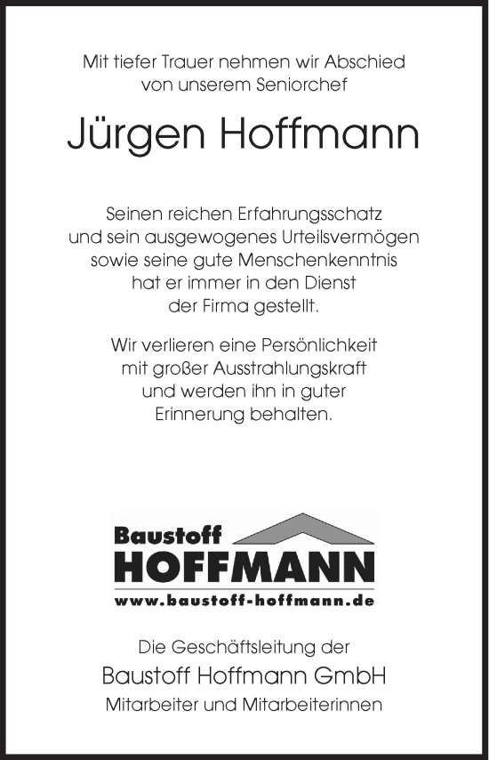 Traueranzeige von Jürgen Hoffmann von Siegener Zeitung