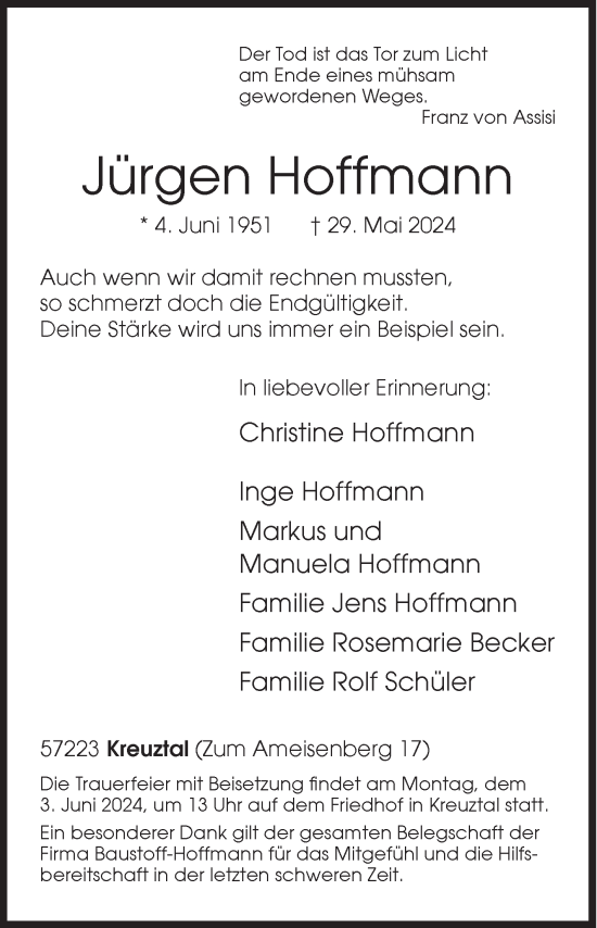 Traueranzeige von Jürgen Hoffmann von Siegener Zeitung