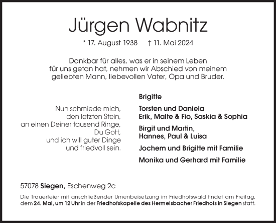 Traueranzeige von Jürgen Wabnitz von Siegener Zeitung