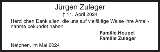 Traueranzeige von Jürgen Zuleger von Siegener Zeitung