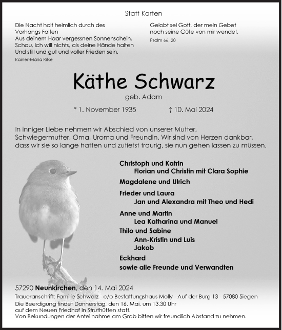 Traueranzeige von Käthe Schwarz von Siegener Zeitung