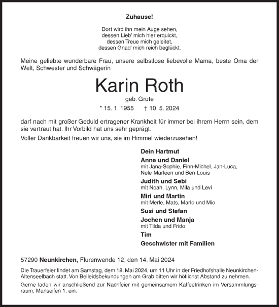 Traueranzeige von Karin Roth von Siegener Zeitung