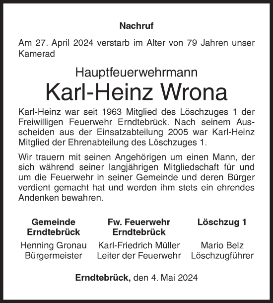 Traueranzeige von Karl-Heinz Wrona von Siegener Zeitung
