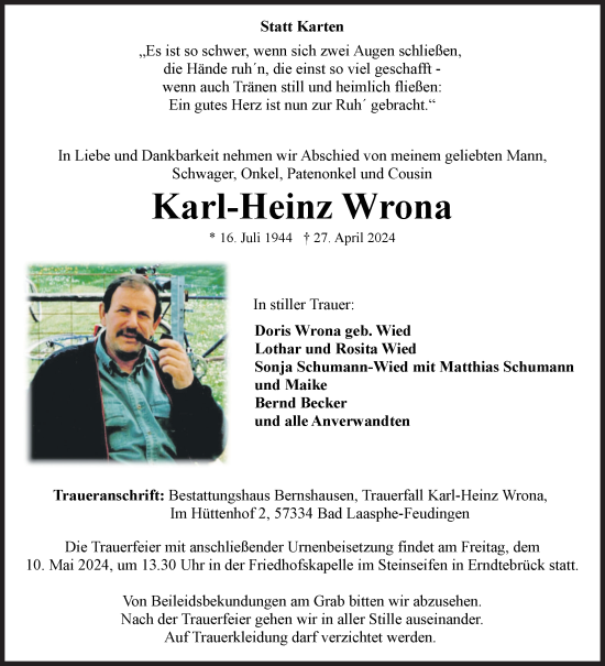 Traueranzeige von Karl-Heinz Wrona von Siegener Zeitung