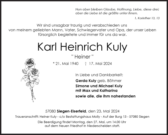 Traueranzeige von Karl Kuly von Siegener Zeitung