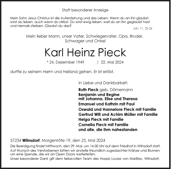 Traueranzeige von Karl Heinz Pieck von Siegener Zeitung