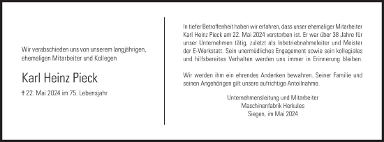 Traueranzeige von Karl Heinz Pieck von Siegener Zeitung