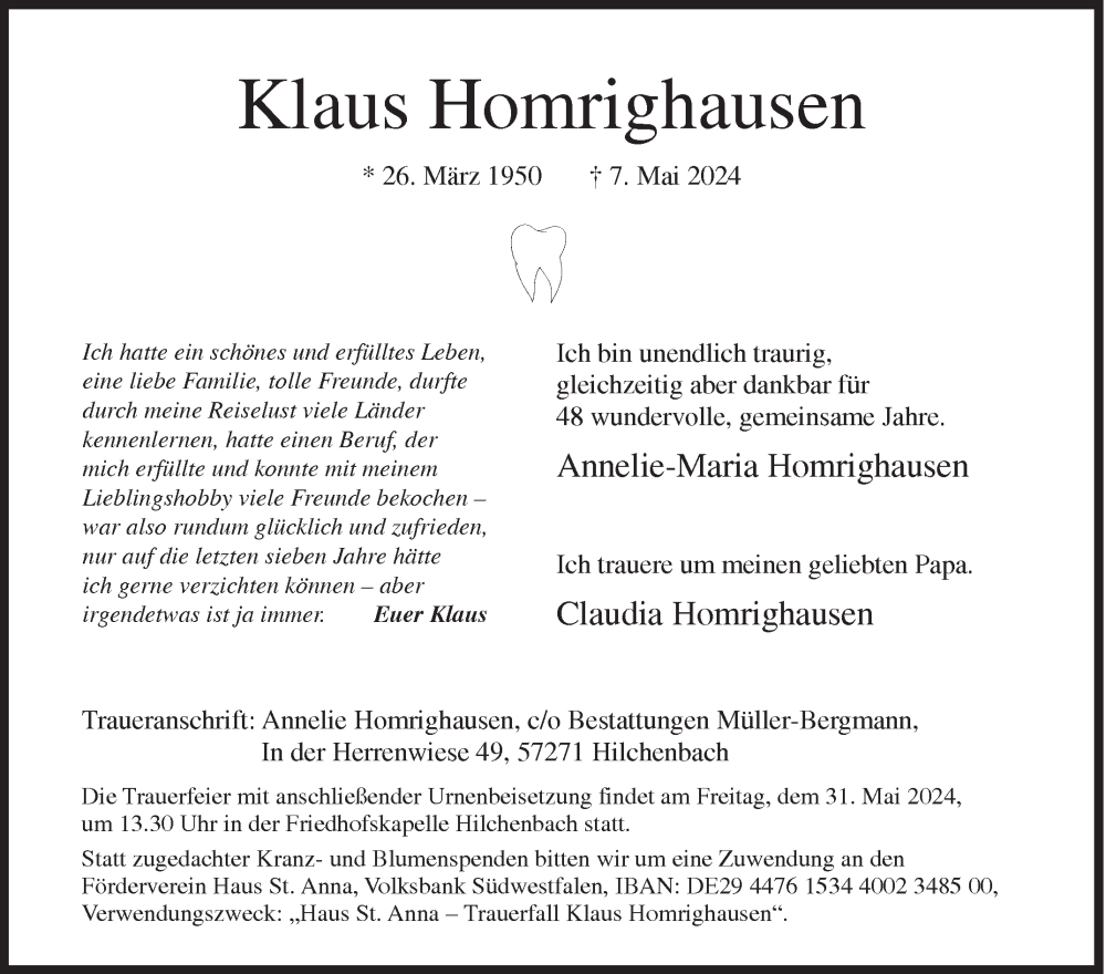  Traueranzeige für Klaus Homrighausen vom 18.05.2024 aus Siegener Zeitung