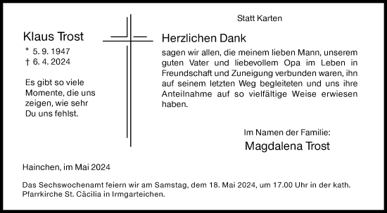 Traueranzeige von Klaus Trost von Siegener Zeitung