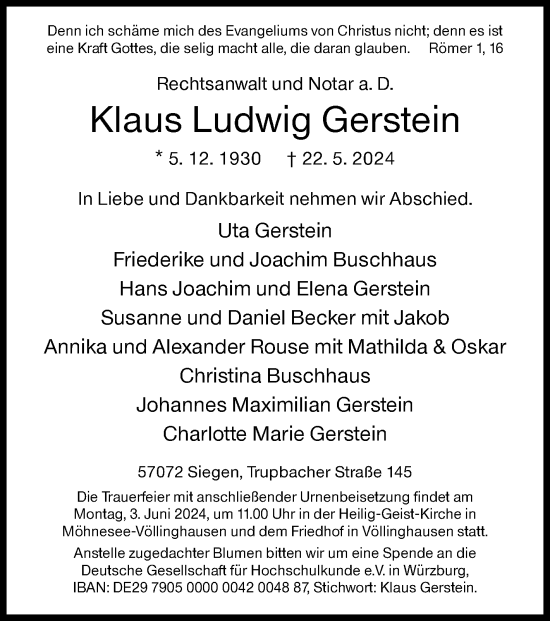 Traueranzeige von Klaus Ludwig Gerstein von Siegener Zeitung