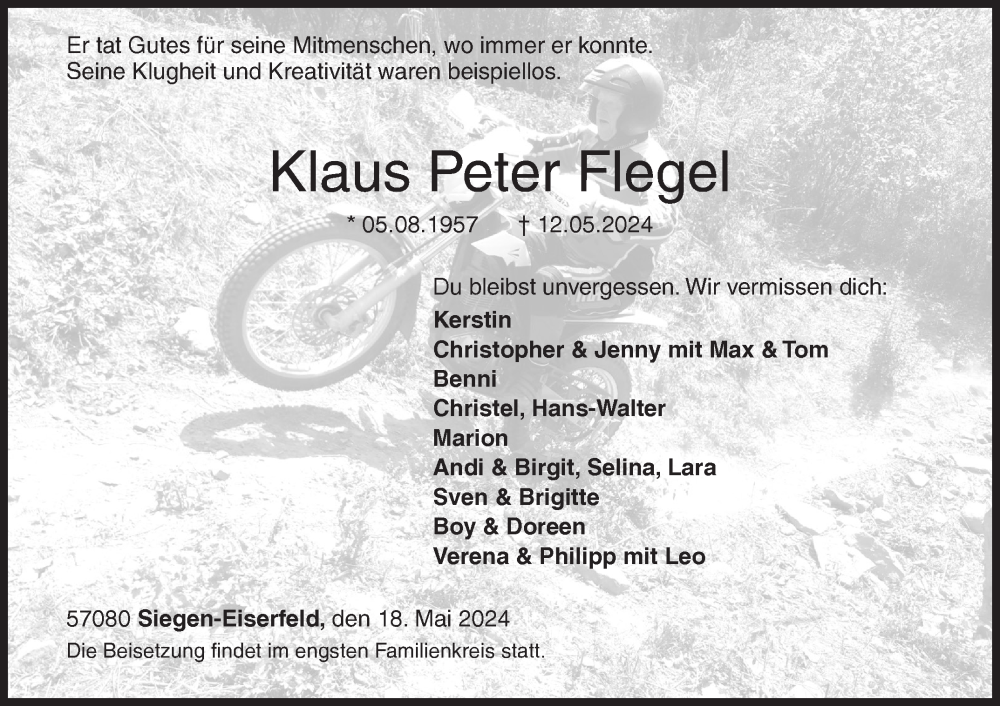  Traueranzeige für Klaus Peter Flegel vom 18.05.2024 aus Siegener Zeitung