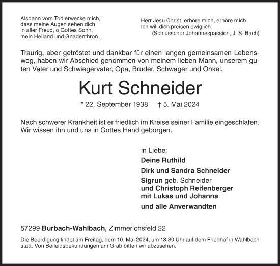 Traueranzeige von Kurt Schneider von Siegener Zeitung