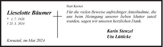 Traueranzeige von Lieselotte Bäumer von Siegener Zeitung
