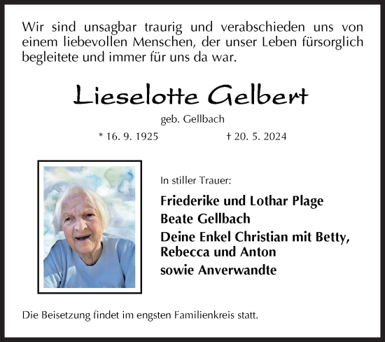 Traueranzeige von Lieselotte Gelbert von Siegener Zeitung