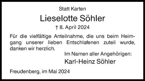 Traueranzeige von Lieselotte Söhler von Siegener Zeitung