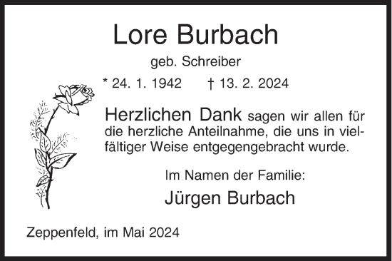 Traueranzeige von Lore Burbach von Siegener Zeitung