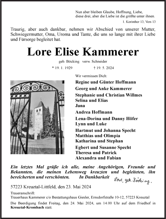 Traueranzeige von Lore  Kammerer von Siegener Zeitung