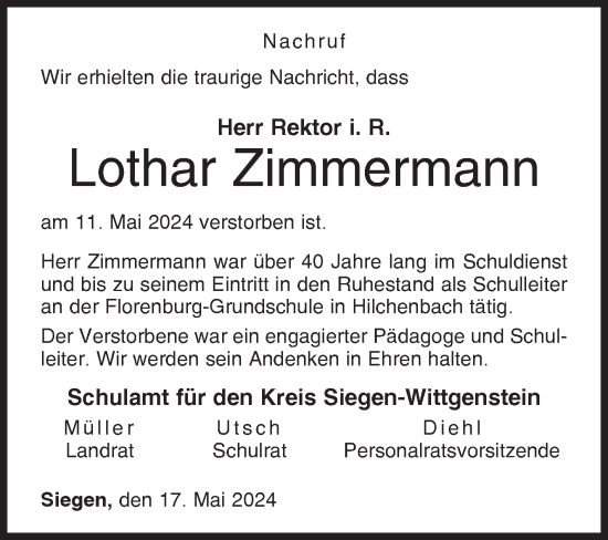 Traueranzeige von Lothar Zimmermann von Siegener Zeitung