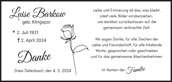 Traueranzeige von Luise Barkow von Siegener Zeitung
