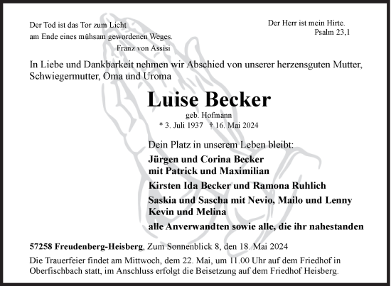 Traueranzeige von Luise Becker von Siegener Zeitung