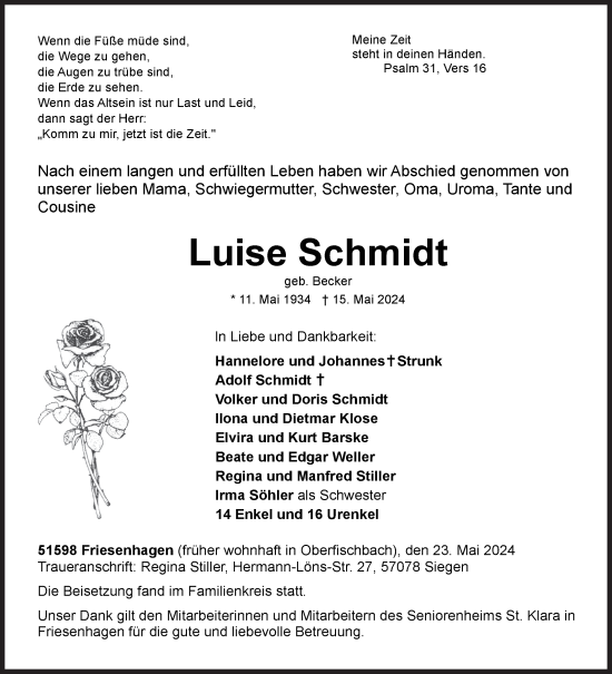 Traueranzeige von Luise Schmidt von Siegener Zeitung