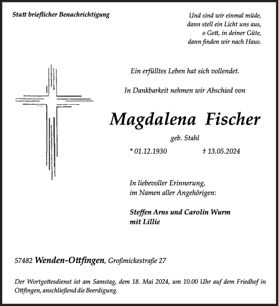 Traueranzeige von Magdalena Fischer von Siegener Zeitung