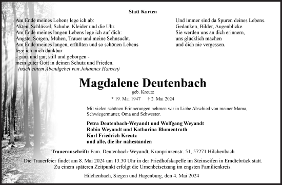 Traueranzeige von Magdalene Deutenbach von Siegener Zeitung