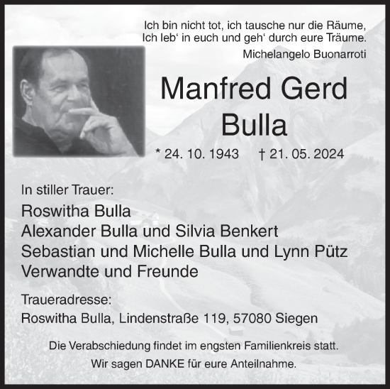 Traueranzeige von Manfred Bulla von Siegener Zeitung