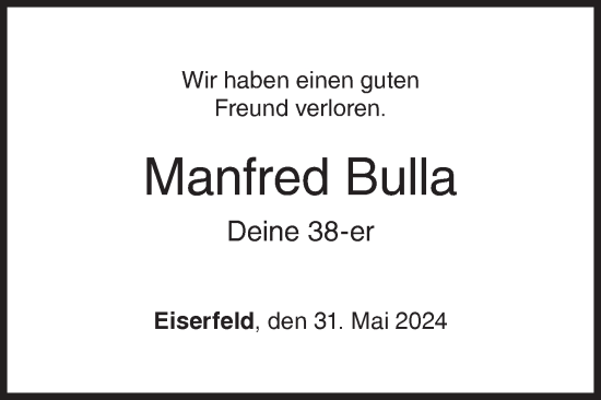 Traueranzeige von Manfred Bulla von Siegener Zeitung